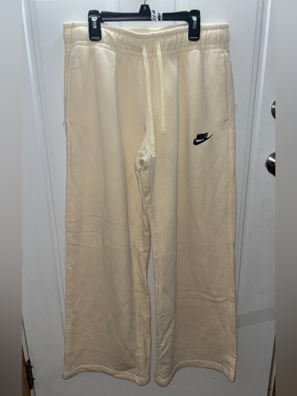 Nike Womens Medium Wide Leg Sweatpants in Cream with Dark Brown Logo